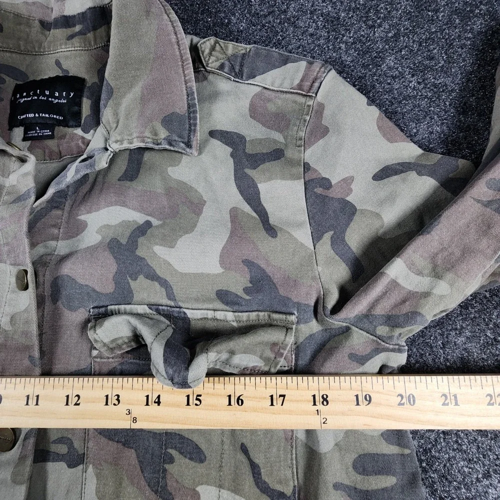 Sanctuary Utility Jacket Womens L Green Camo Frayed Hem Military Shirt Jacket